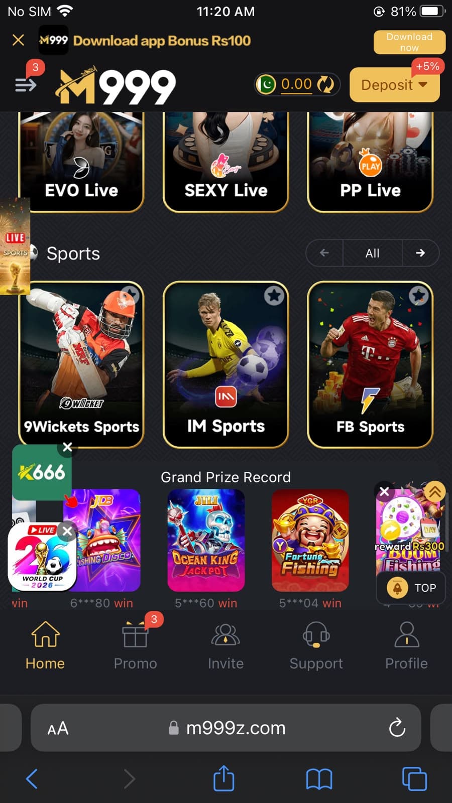 M999 Game home screen showing live casino, sports prediction, and navigation tabs