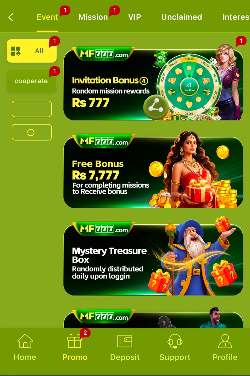 MF777 Promo tab Event feed showing an Rs 777 invitation bonus spin wheel, a Rs 7,777 free bonus card, and a Mystery Treasure Box daily login reward