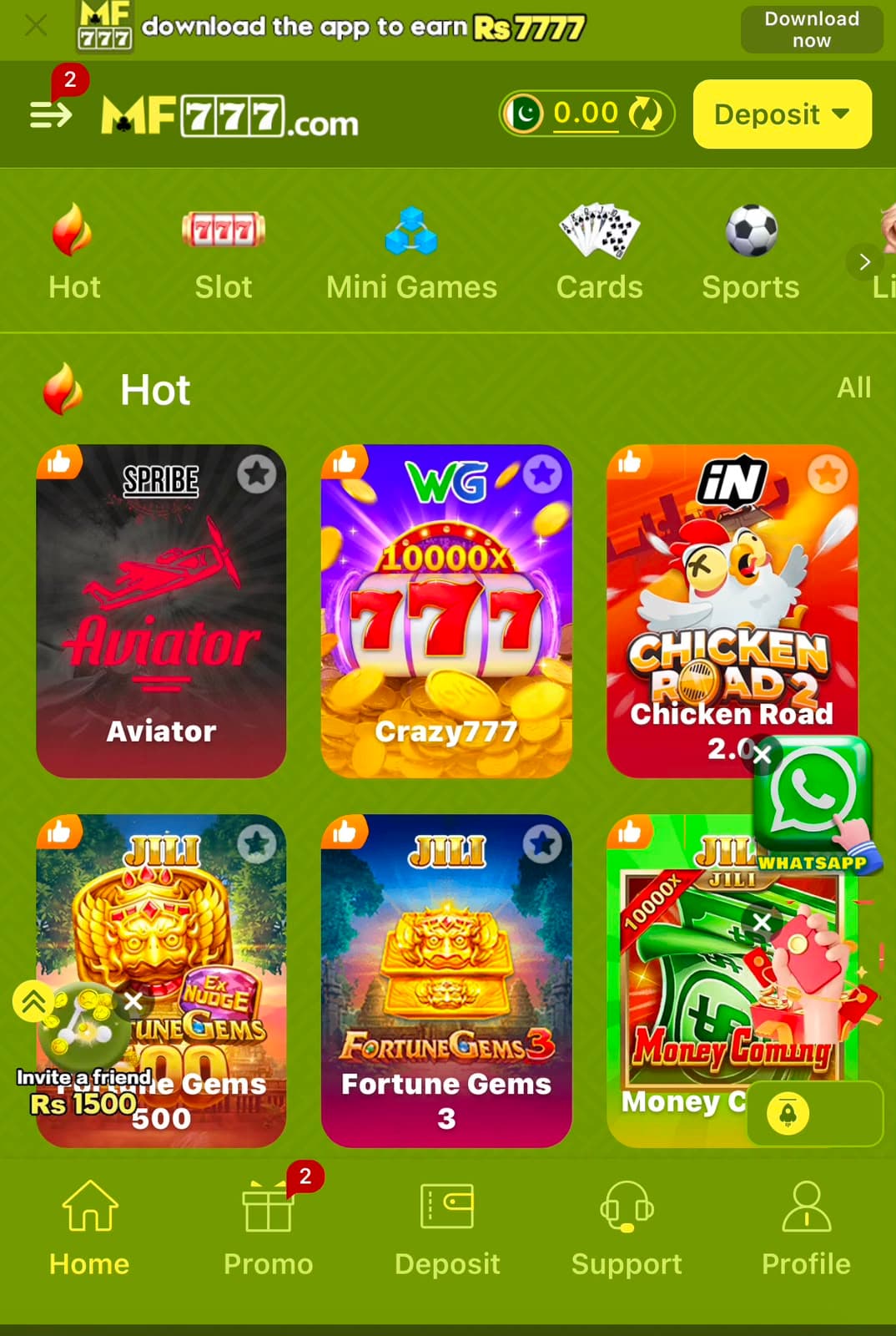 MF777 Game home screen showing a Hot row with Aviator, Crazy777 and Chicken Road 2.0, plus Fortune Gems and Money Coming slot tiles below it