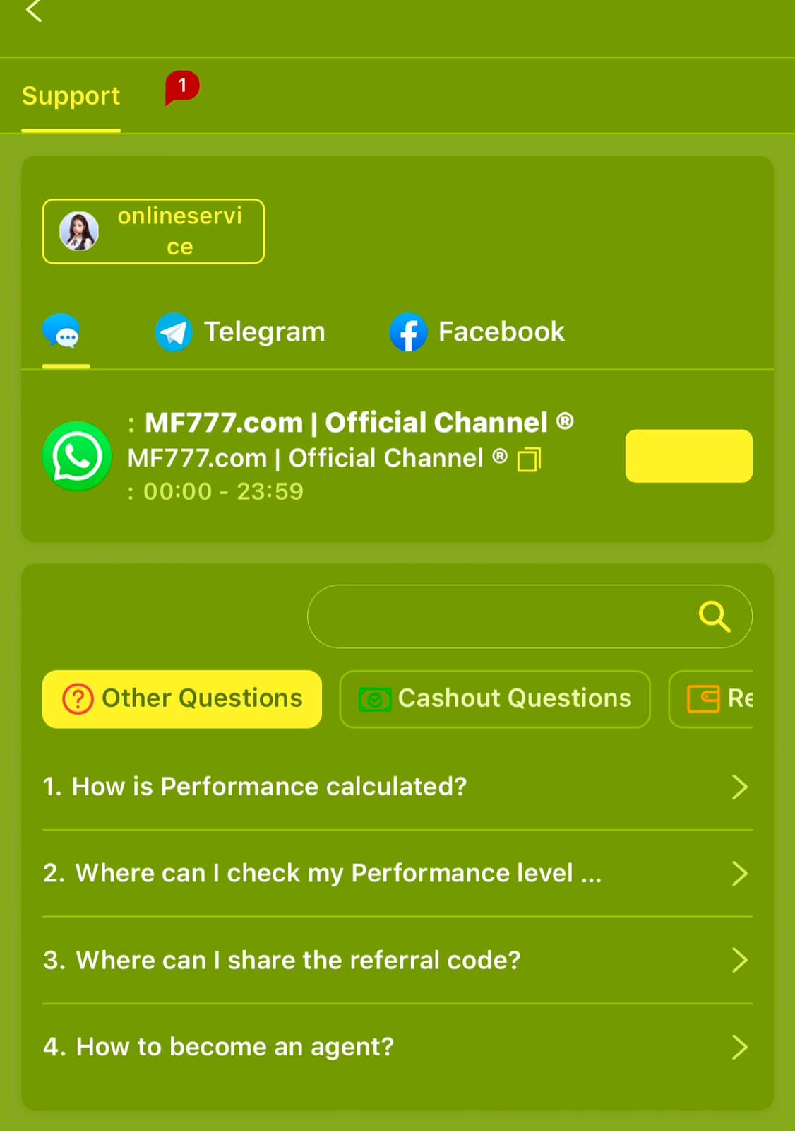 MF777 support screen listing WhatsApp, Telegram and Facebook contact tabs, an official WhatsApp channel with 24-hour hours, and an FAQ list covering Performance, referral code sharing and becoming an agent