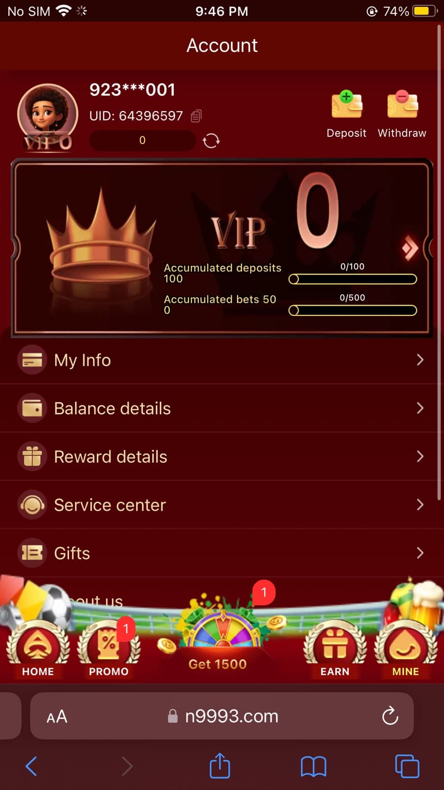 N999 Game account page showing Deposit and Withdraw buttons, VIP progress, and account menu options