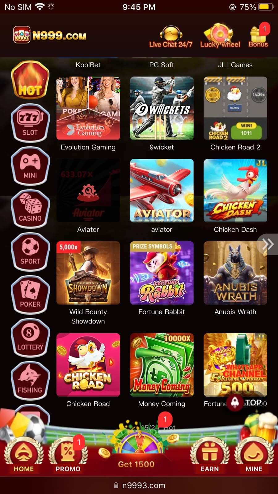 N999 Game home screen showing game categories including Slots, Earning Games, Sport, Poker, Lottery and Fishing