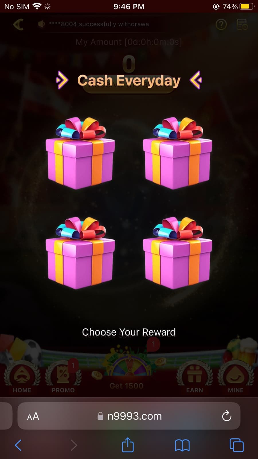 N999 Game Cash Everyday daily reward screen showing gift boxes to choose from