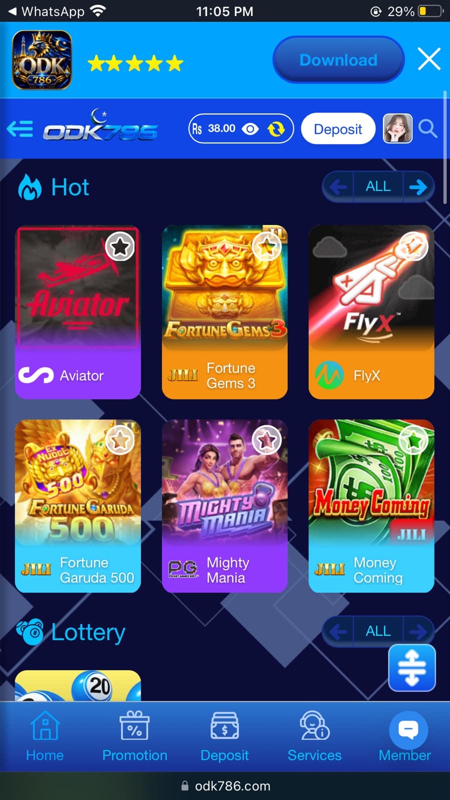 ODK786 Game home screen Hot section showing Aviator, Fortune Gems 3, FlyX, Fortune Garuda 500, Mighty Mania and Money Coming games, with Rs38.00 wallet balance visible in the top bar