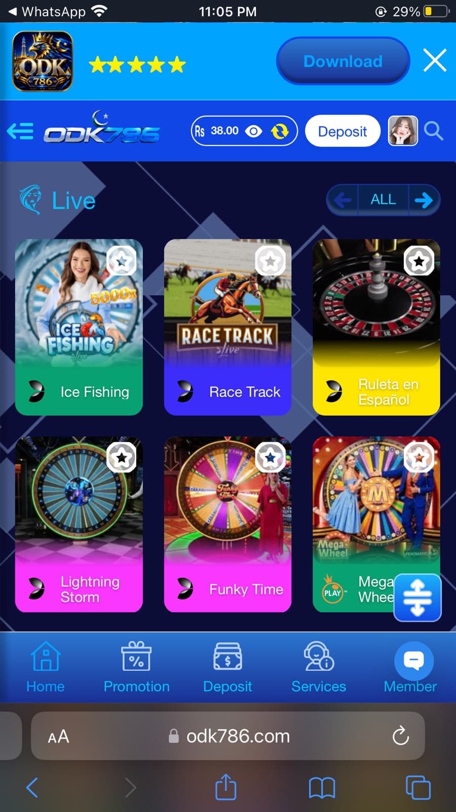 ODK786 Game Live section showing Ice Fishing, Race Track, Ruleta en Español, Lightning Storm, Funky Time and Mega Wheel live casino games