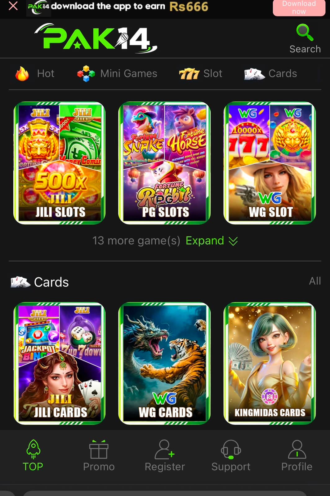 Pak14 Game Slot tab showing JILI Slots 500x, PG Slots with Fortune Snake Fortune Horse and Fortune Rabbit, WG Slot 10000x, and a Cards row with JILI Cards, WG Cards and KingMidas Cards
