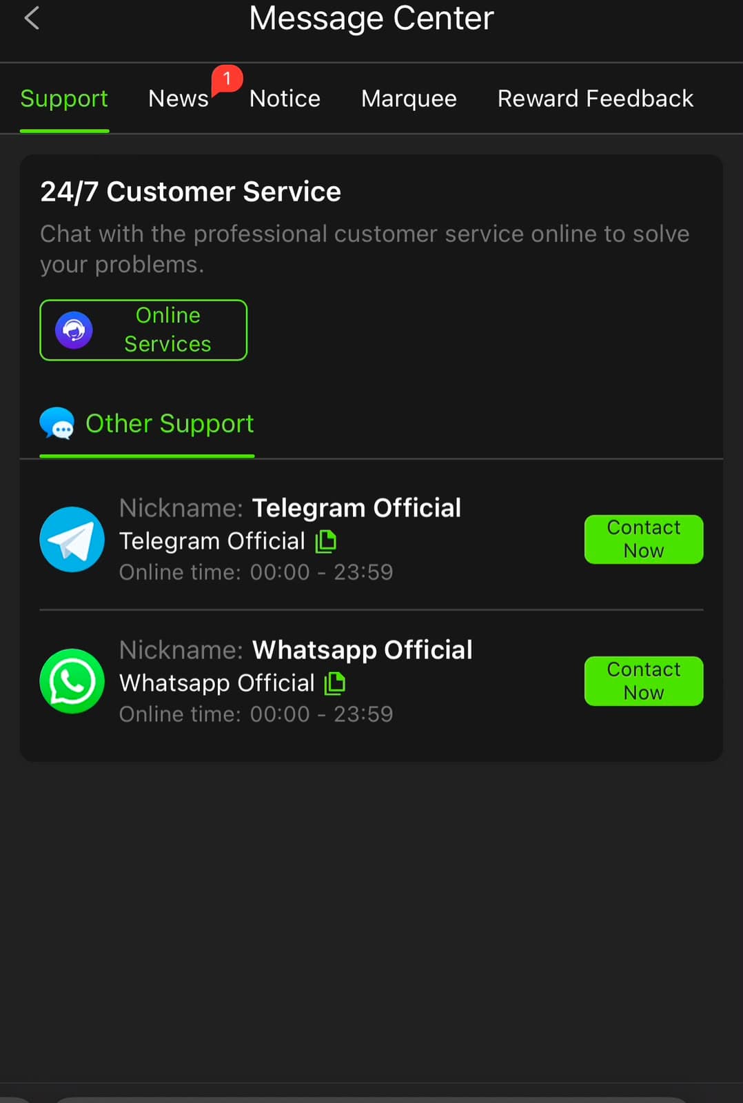 Pak14 Game Message Center support screen showing a 24/7 Customer Service panel with Online Services live chat, and an Other Support section listing Telegram Official and Whatsapp Official channels with Contact Now buttons