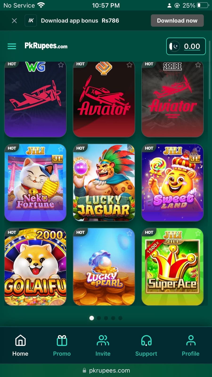 PkRupees Game second home page showing WG Aviator, Aviator and SPRIBE Aviator tiles plus JILI slot games Neko Fortune, Lucky Jaguar, Sweet Land, Golaifu, Lucky Pearl and Super Ace