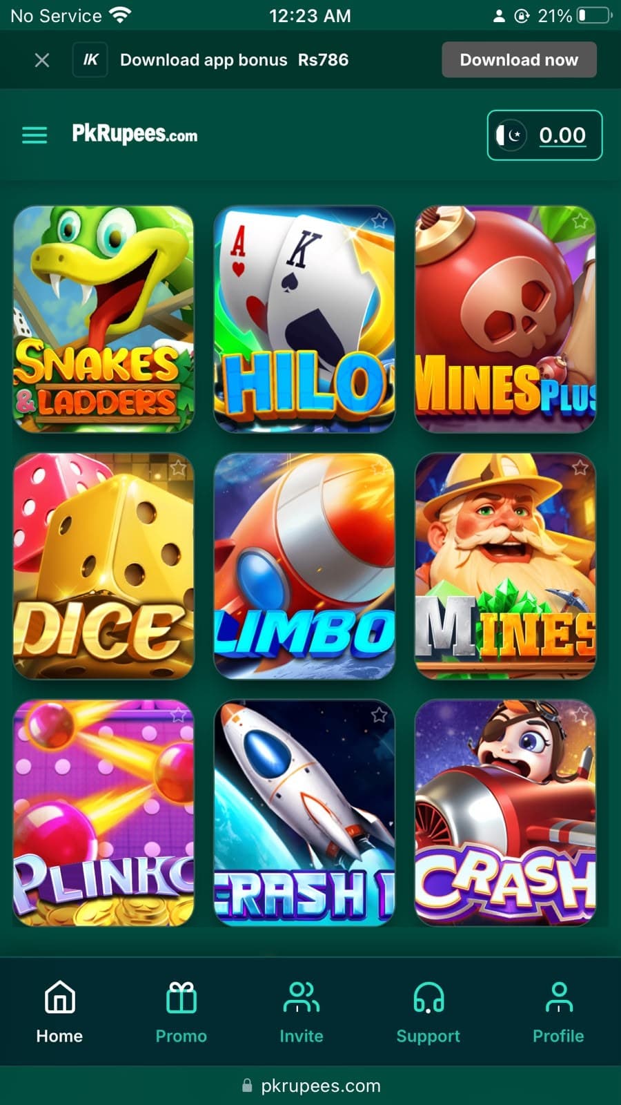 PkRupees Game home screen showing Snakes and Ladders, HILO, Mines Plus, Dice, Limbo, Mines, Plinko and Crash game tiles with a Rs786 download bonus banner
