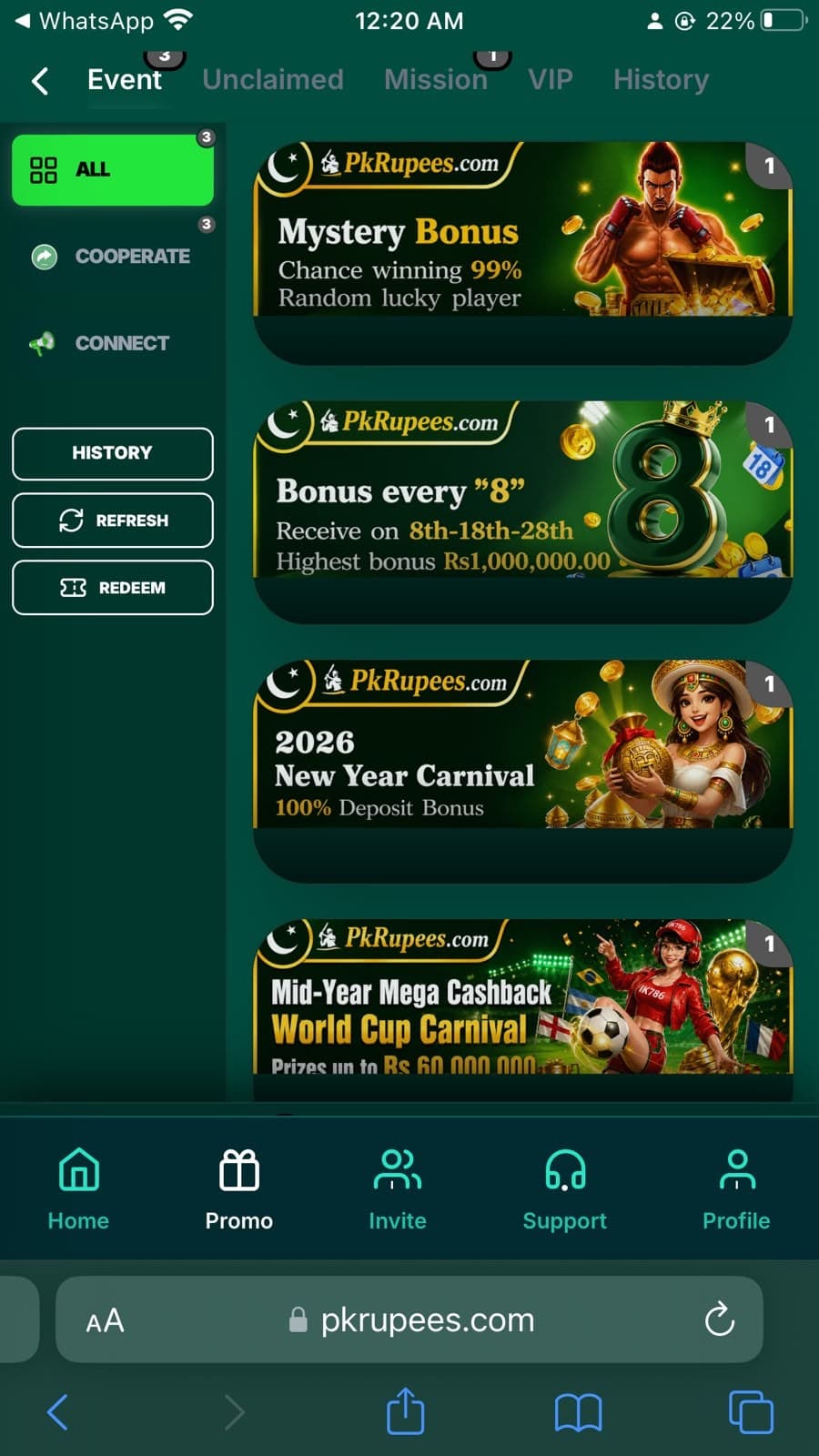 PkRupees Game Promo Event tab showing Mystery Bonus, Bonus every 8 up to Rs 1,000,000, 2026 New Year Carnival and Mid-Year Mega Cashback World Cup Carnival banners
