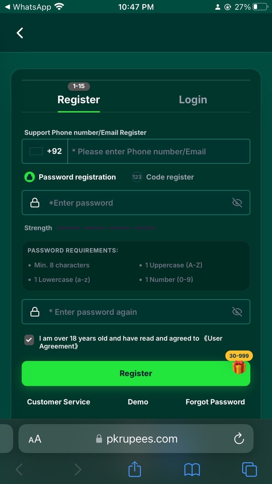 PkRupees Game registration screen with phone number and email field, password and code registration tabs, password strength requirements, 18 plus user agreement checkbox, and a Register button showing a 30 to 999 bonus badge