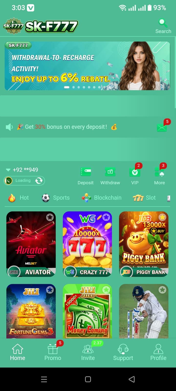 SKF777 Game home screen showing slot categories including Aviator, Crazy 777, and Piggy Bank games