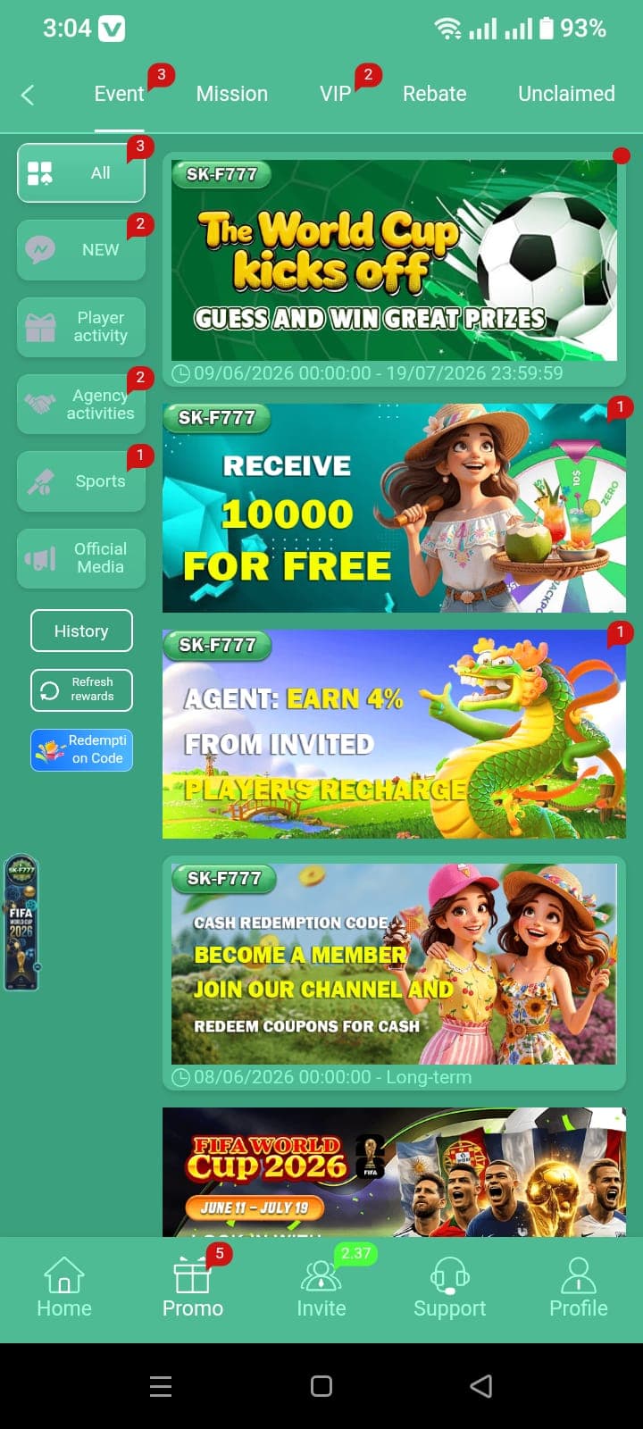 SKF777 promotions page showing World Cup event, Receive 10000 Free, Agent 4% commission, and Cash Redemption Code offers