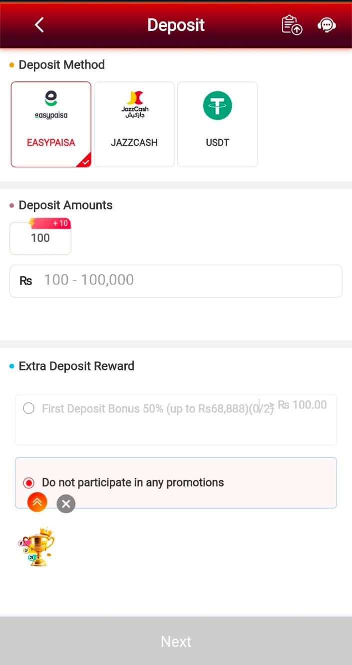 ZOR77 Game deposit screen showing Easypaisa, JazzCash, and USDT methods with Rs 100 to Rs 100,000 range and 50% first deposit bonus up to Rs 68,888