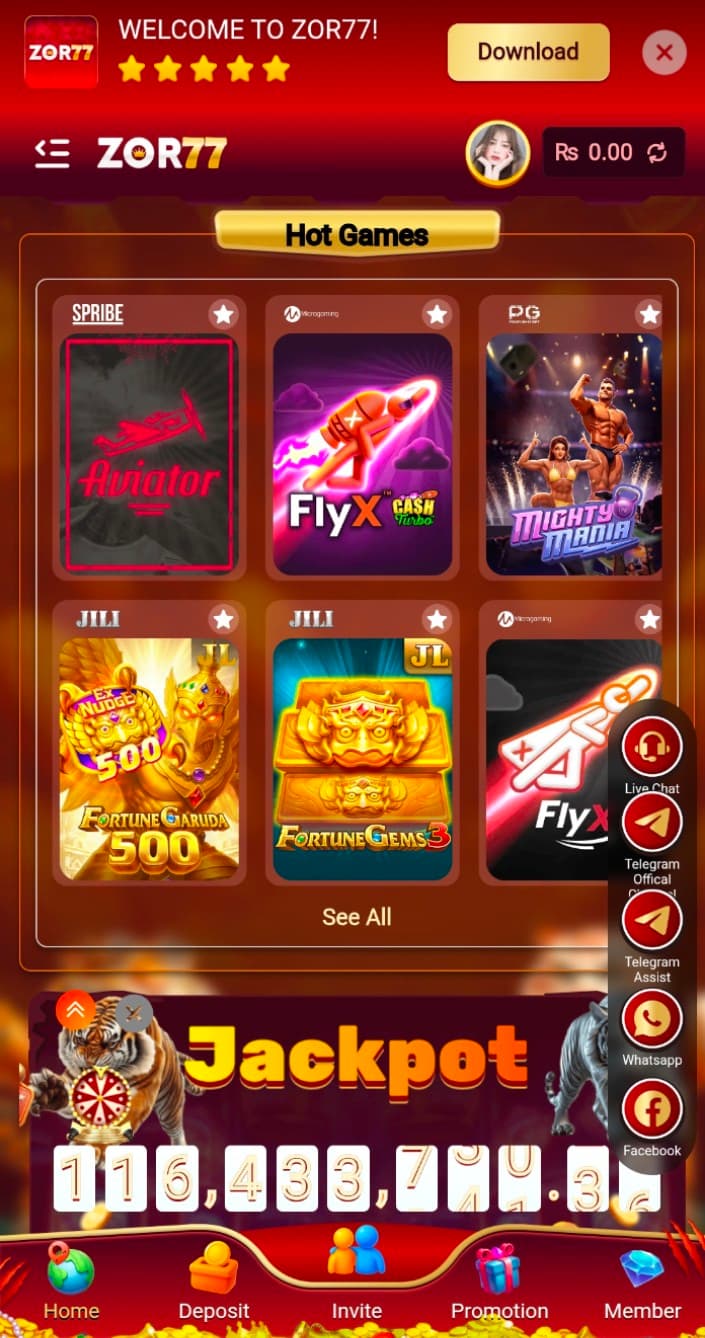 ZOR77 Game home screen showing Hot Games row with Aviator, FlyX Cash Turbo, Mighty Mania, and a live jackpot ticker