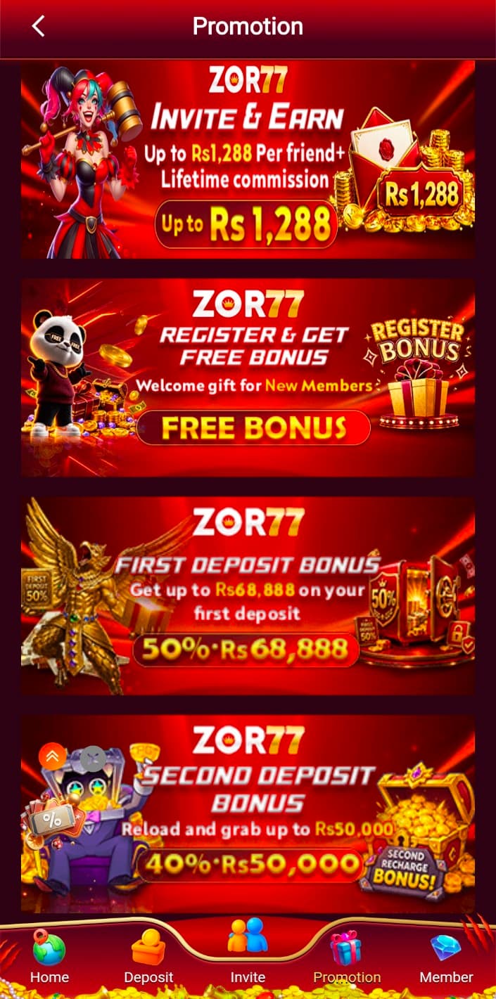 ZOR77 Game promotions screen showing Invite and Earn up to Rs 1,288 per friend, register bonus, 50% first deposit bonus, and 40% second deposit bonus