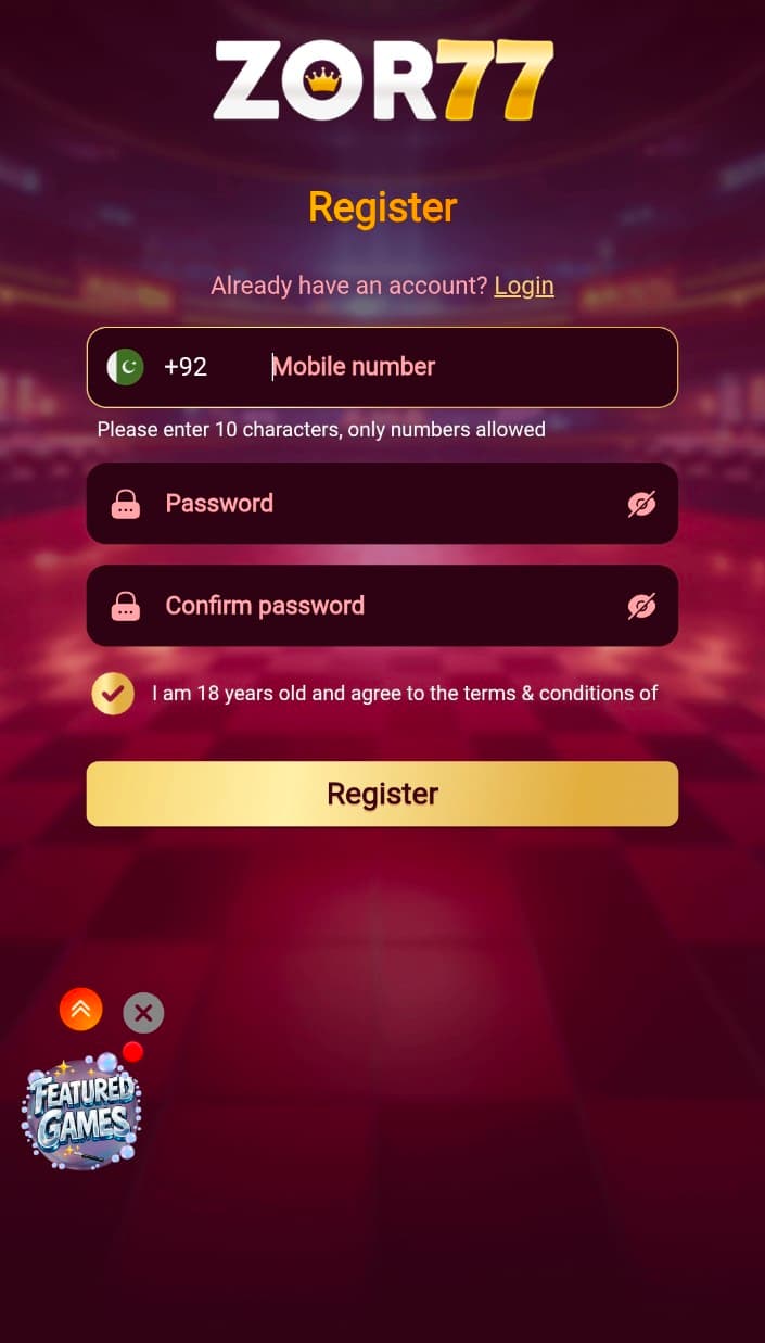 ZOR77 Game registration screen with +92 Pakistan mobile number field, password fields, and terms and conditions checkbox